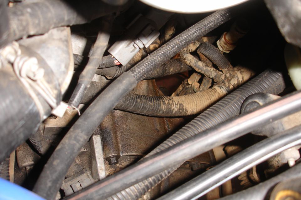 Close-up of engine bay with many wires and hoses, some covered in dirt
