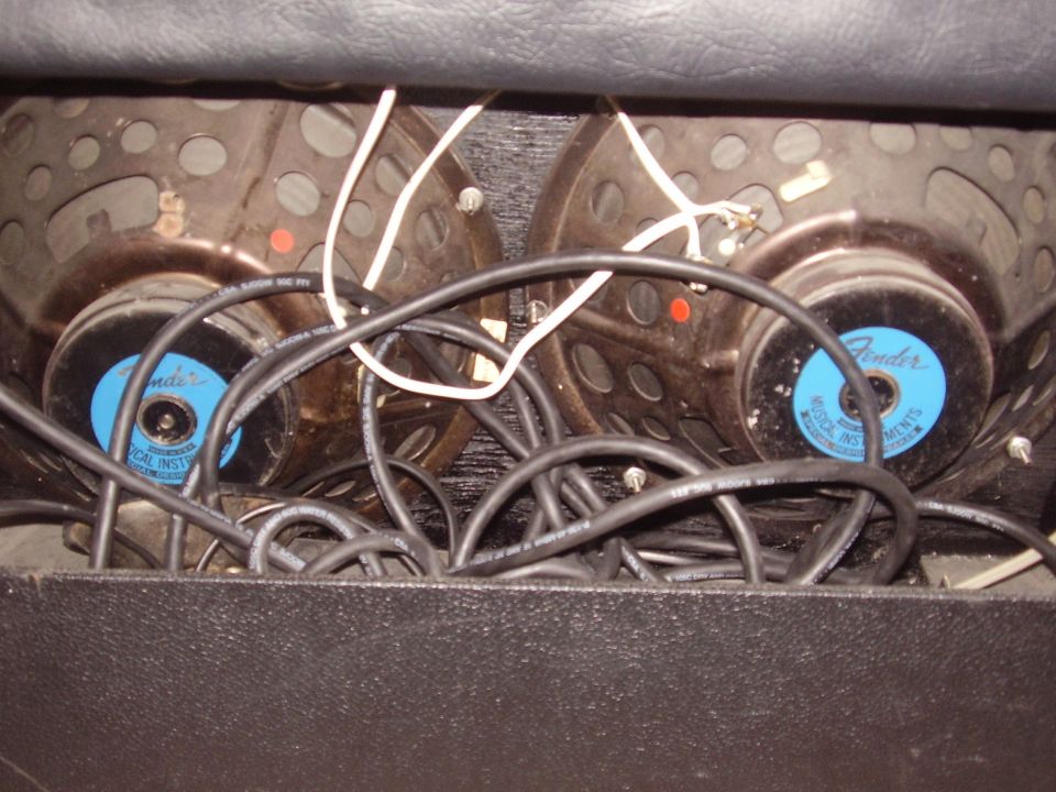 Close-up of two Fender speakers inside an amplifier, with tangled wires