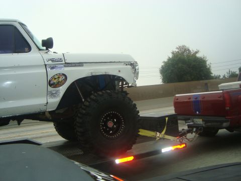 1986 Ford Bronco - White 1979 Ford F-250 pickup truck with oversized tires is loaded onto a trailer.