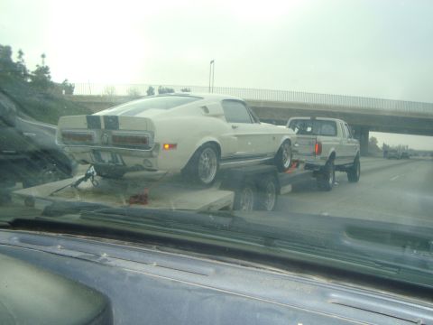 1986 Ford Bronco - A white 1967 Ford Mustang coupe is transported on a trailer by a pickup truck on the highway.