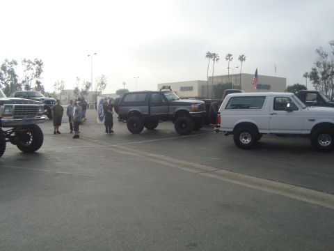 1986 Ford Bronco - Several lifted Ford Broncos and an older Ford truck are parked in a lot outside a Sears store.