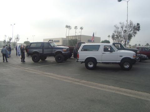 1986 Ford Bronco - Two Ford Broncos are parked in a lot, one white and one dark gray, both appear to be lifted.