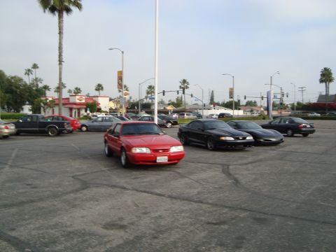 1986 Ford Bronco - A red coupe is parked in a lot with several other vehicles visible.