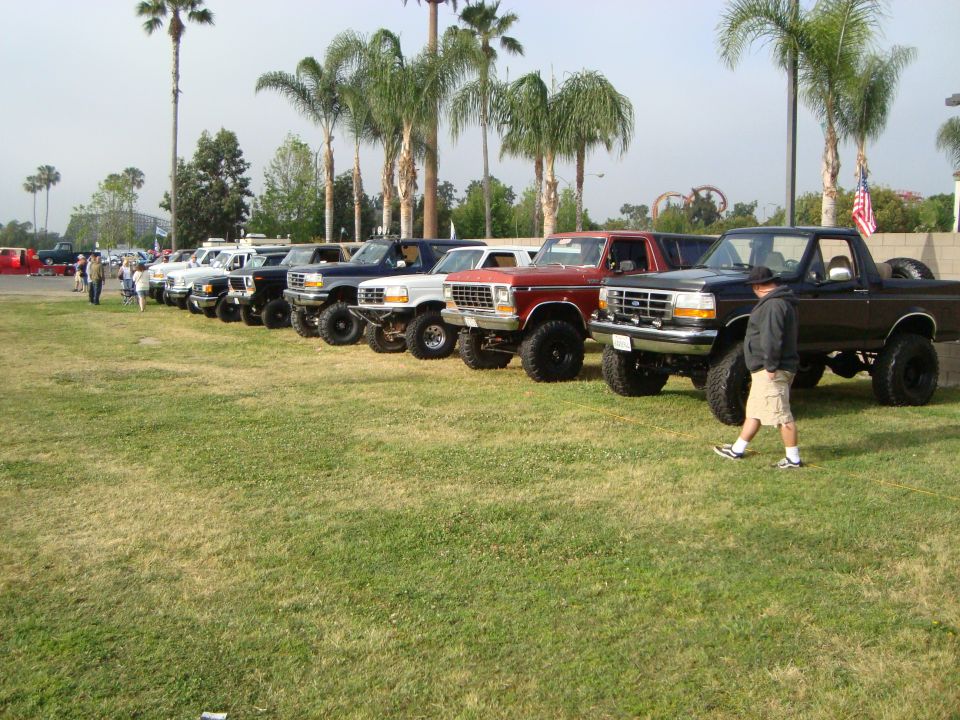 Line of lifted Ford Broncos and trucks parked on grass, some with custom bumpers and large tires