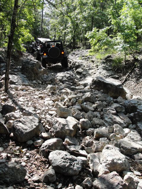 1967 Ford Mustang - A black Jeep Wrangler navigates a challenging rocky trail through a wooded area.