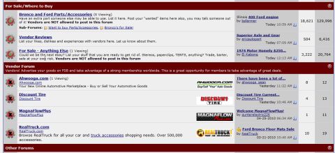 1995 Ford Bronco - This image displays a forum interface with various sections dedicated to automotive parts, vendor reviews, and sales listings.