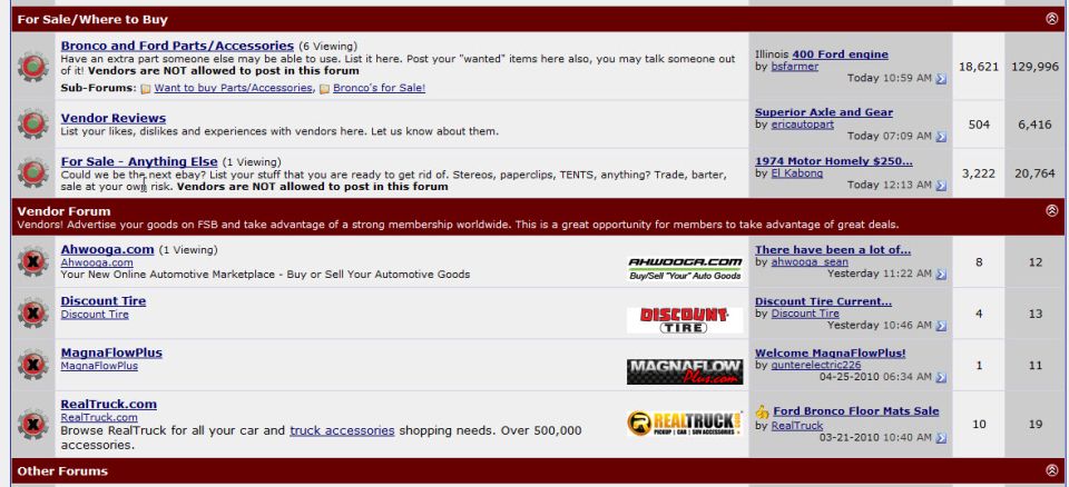 Screenshot of a forum with sections for parts, vendor reviews, and sales