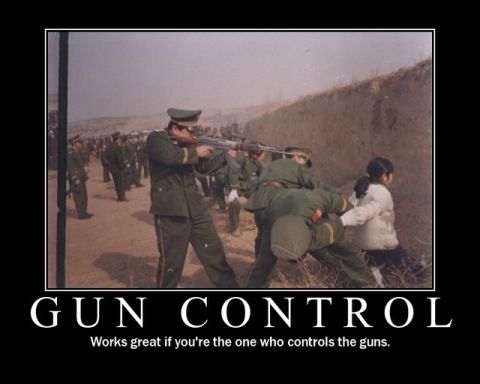 1989 Ford Bronco - A staged photo depicts a firing squad aiming at a civilian, with text overlaid about gun control.