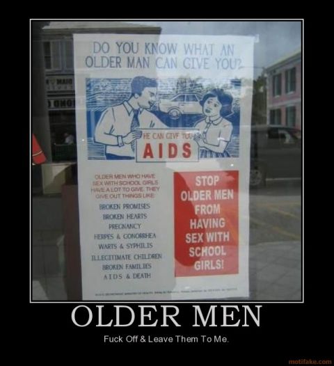 1989 Ford Bronco - Poster with text and illustration about older men and AIDS, displayed in a window.