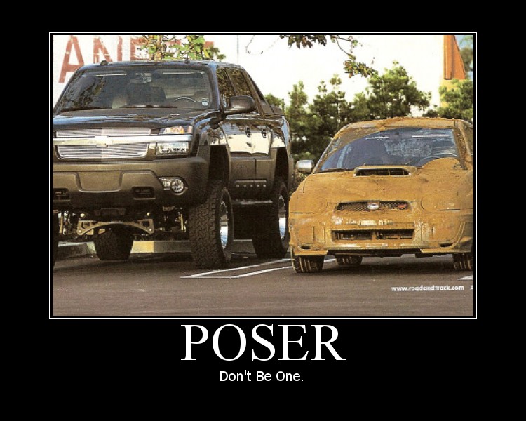 Mud-covered yellow car and lifted black SUV parked side-by-side
