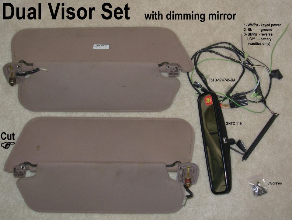 Tan dual sun visor set with wiring harness and dimming rearview mirror