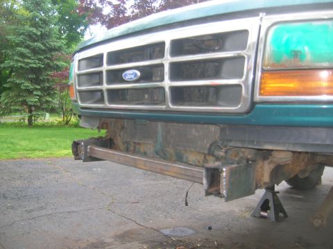 1996 Ford Bronco - The front of a Ford truck, possibly a Bronco, is shown with a custom bumper modification in progress.