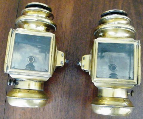 1912 Ford Model T - Pair of brass carbide lamps, likely for an early automobile or bicycle.