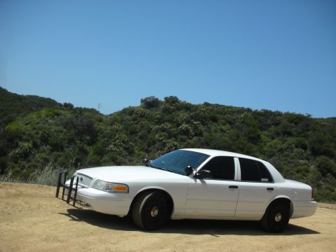 2004 Ford Crown Victoria - A white 2004 Ford Crown Victoria police car with a push bumper is parked on a dirt road with a hilly, green landscape in the background.