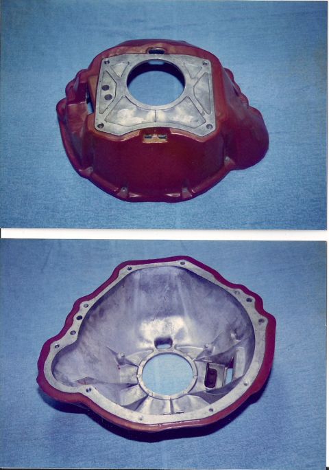 1973 Ford Mustang - This is a two-part image showing the exterior and interior of a red transmission bell housing.