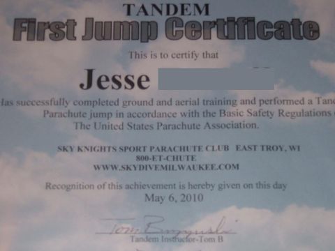 1988 Ford F-150 - This document certifies Jesse completed ground and aerial training for a parachute jump.