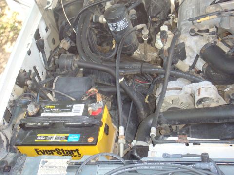 1992 Ford Bronco - The engine bay contains a yellow EverStart battery, various hoses, and an alternator.