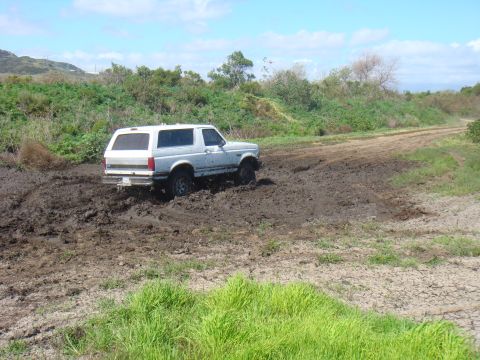 1992 Ford Bronco - This 1992 Ford Bronco is shown off-road, struggling through a muddy track.