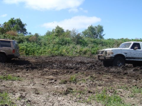 1992 Ford Bronco - Two SUVs navigate a muddy trail with dense foliage in the background under a partly cloudy sky.
