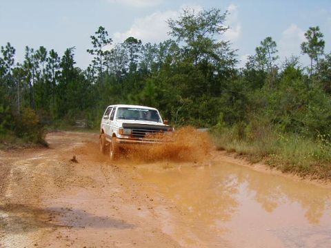 1990 Ford Bronco - A white 1990 Ford Bronco splashes through a muddy puddle on a dirt road surrounded by trees.