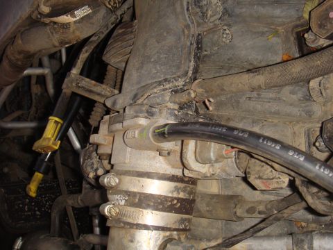 1992 Ford Bronco - Close-up view of an engine component with various hoses and metal clamps attached.