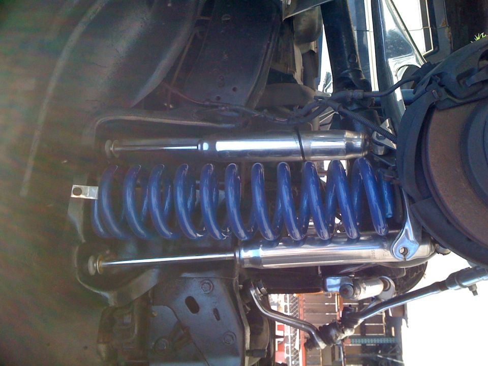 Close-up of blue coil springs and silver shock absorbers on a vehicle's suspension