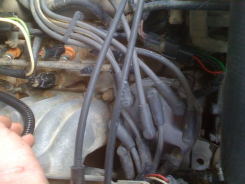 1992 Ford Bronco - Close-up view of engine components, including spark plug wires and fuel injectors.