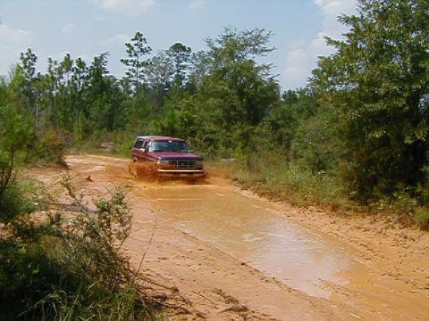 1990 Ford Bronco - This 1990 Ford Bronco navigates a muddy off-road trail, kicking up water and dirt.