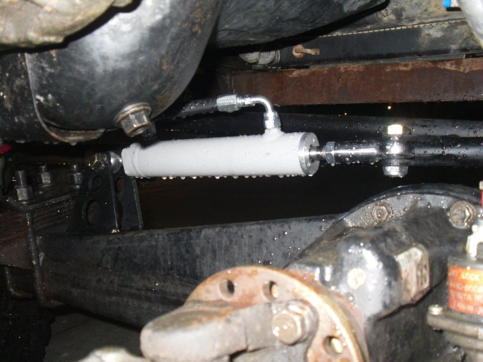 Steering stabilizer cylinder mounted on vehicle's front axle
