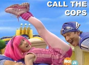 2000 Mercury Grand Marquis - This scene features characters from the children's show LazyTown, with overlaid text including 'CALL THE COPS' and a website address.