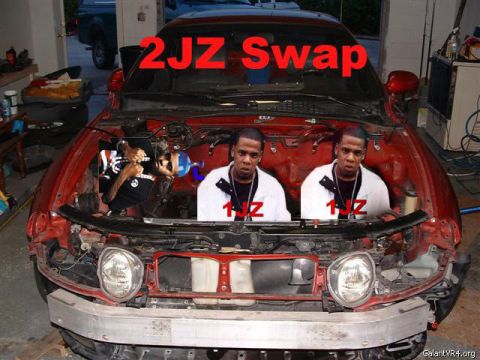 2000 Mercury Grand Marquis - Car's engine bay digitally altered with '2JZ Swap' text and images of people.