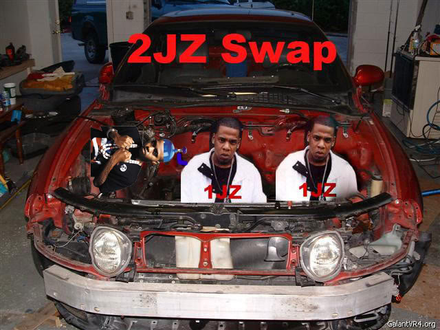 Red car with hood open, engine bay replaced with images of people and text '2JZ Swap'