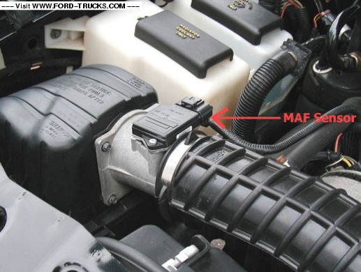Engine air intake with MAF sensor labeled, black plastic components, and hoses