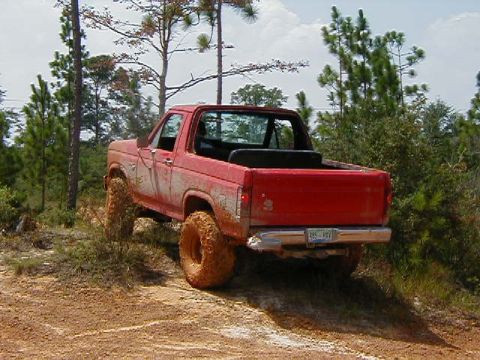 1990 Ford Bronco - A red Ford Bronco is shown from the rear on a muddy, off-road trail.