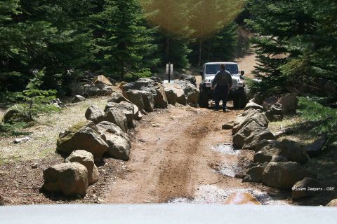 2005 Jeep Wrangler - A white 2005 Jeep Wrangler navigates a challenging rocky path through a wooded area.