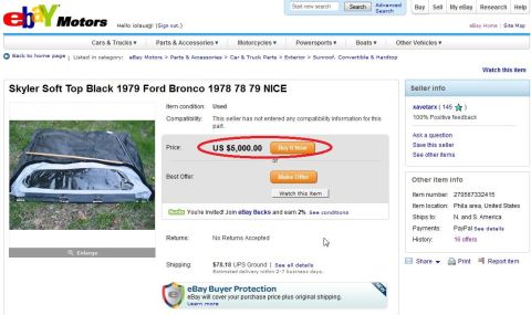1990 Ford Bronco - Screenshot of an eBay Motors listing titled "Skyler Soft Top Black 1979 Ford Bronco 1978 78 79 NICE," with the $5,000.00 Buy It Now price c…