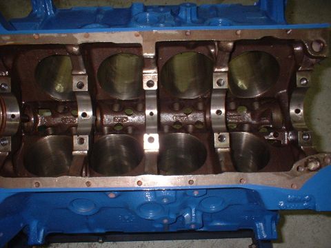 1969 Ford Torino - Close-up view of a blue engine block, showing the crankshaft bearing saddles.