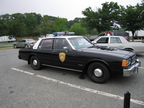 1991 Ford Crown Victoria - A black and white police car is parked in a lot with other vehicles.
