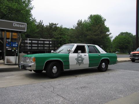 1991 Ford Crown Victoria - A green and white police car is parked next to a diesel pump, with another vehicle visible in the background.