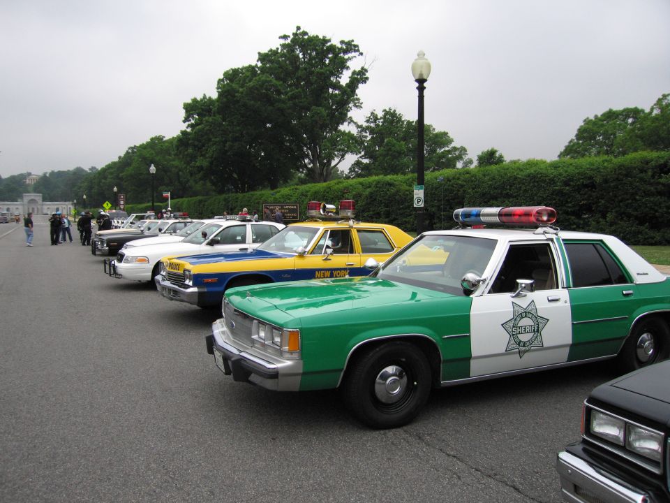Row of vintage police cars parked at curb, green sheriff Ford in front