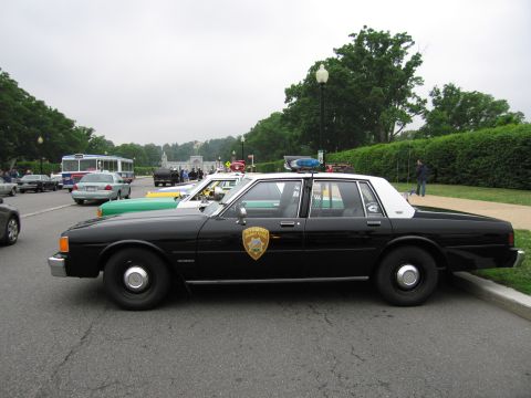1991 Ford Crown Victoria - A side view of a black and white police car with a badge on the door, parked next to other vehicles.