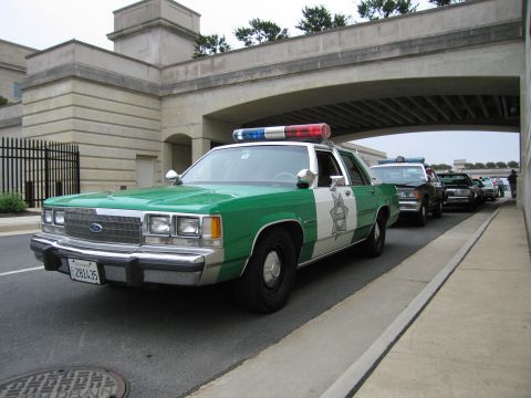 1991 Ford Crown Victoria - A line of police cars, led by a green and white 1991 Ford Crown Victoria, is parked under an overpass.