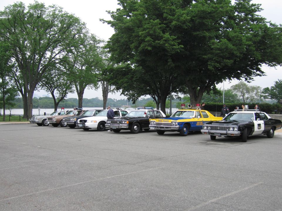 Row of vintage police cars parked in a lot beside water and trees