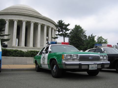 1991 Ford Crown Victoria - Two police cars are parked outside a large domed building, one green and white, the other black.