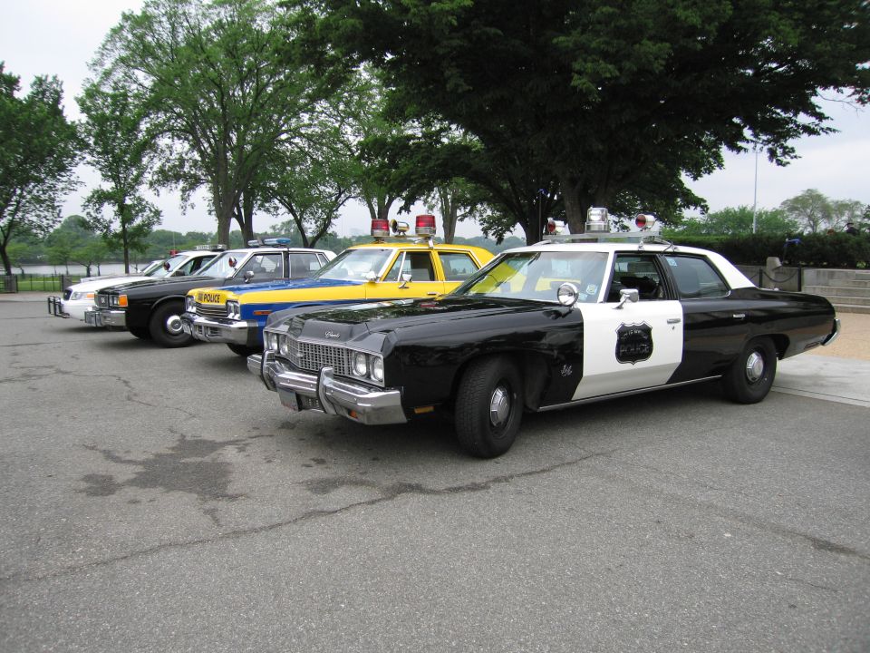 Row of classic police cars including black-and-white cruiser and yellow-and-blue State Police car
