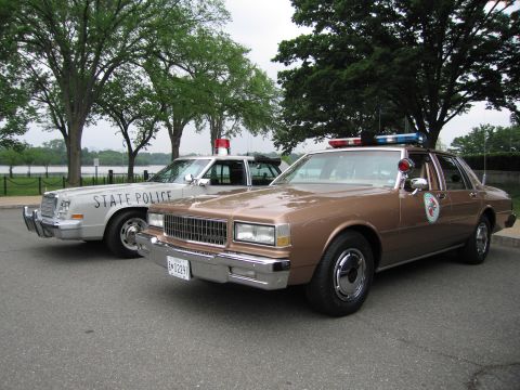 1991 Ford Crown Victoria - Two police cars are parked side-by-side, a brown car in the foreground and a silver car with 'STATE POLICE' text behind it.