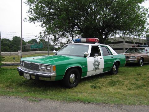 1991 Ford Crown Victoria - Two police cars are parked on a grassy area near a fence and trees.