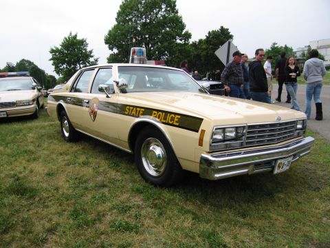 1991 Ford Crown Victoria - A tan state police car is parked on a grassy area, with other vehicles and people in the background.