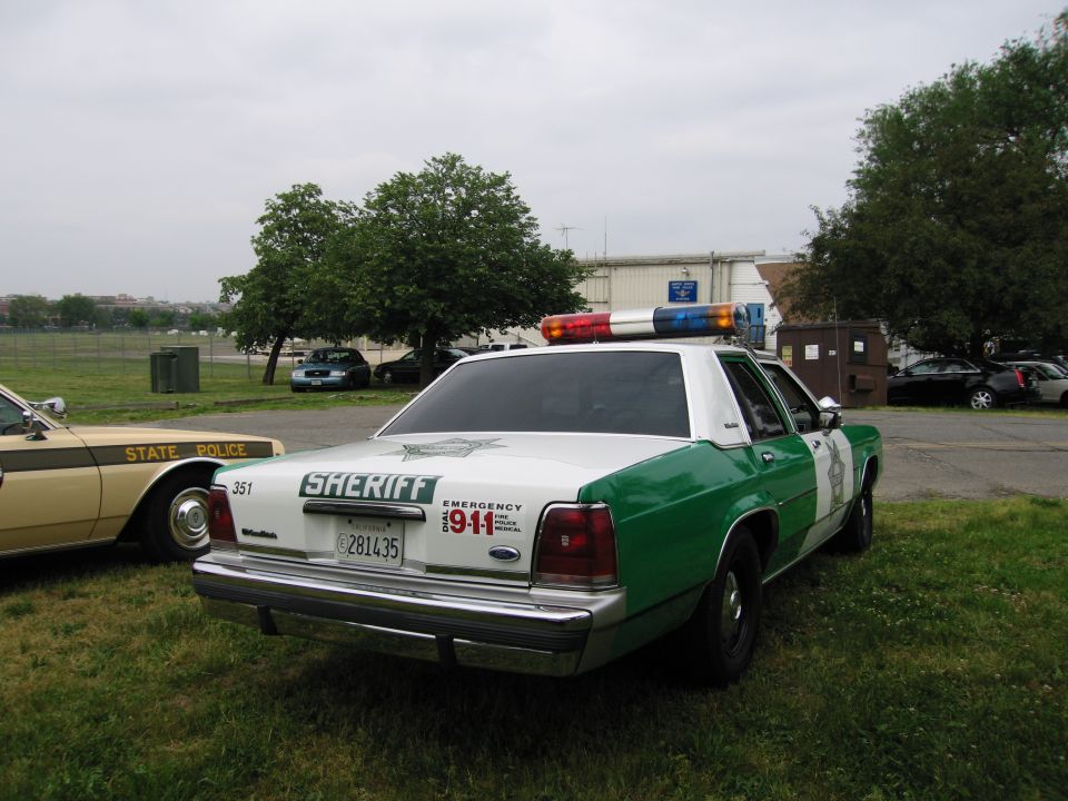 Rear three-quarter of green-and-white Ford Sheriff sedan 351 on grassy lot