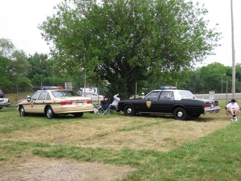 1991 Ford Crown Victoria - Two police cars, a tan and a black model, are parked on a grassy field under a large tree.